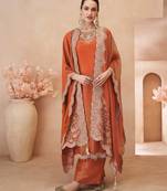 

orange simmar silk straight top palazzo with thread sequin and stone embroidery detailing - Full Stitched free size