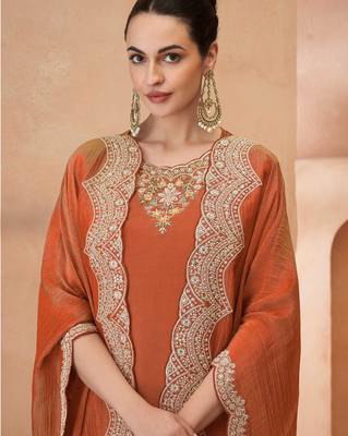 

orange simmar silk straight top palazzo with thread sequin and stone embroidery detailing - Full Stitched free size 2