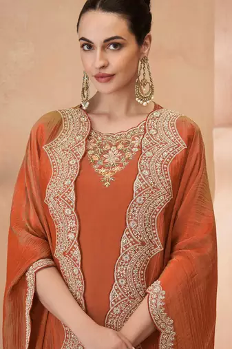 

orange simmar silk straight top palazzo with thread sequin and stone embroidery detailing - Full Stitched free size