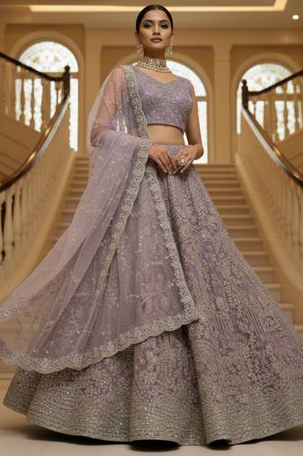 lilac thread embroidered net party lehenga set choli with dupatta
