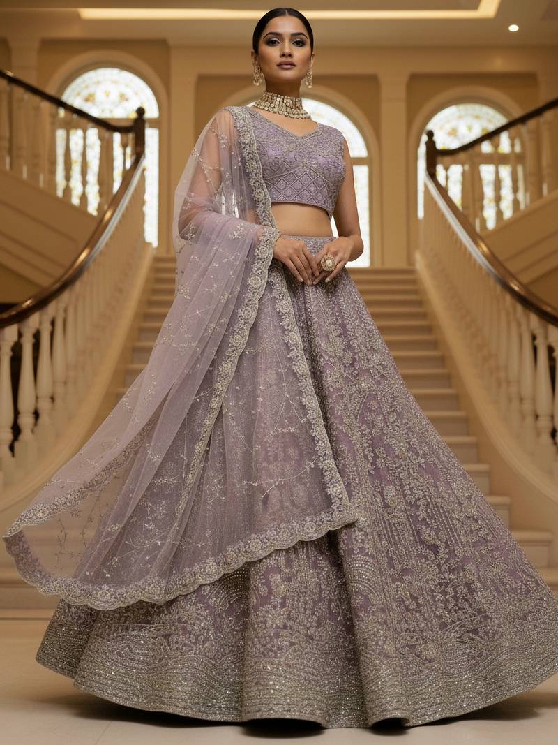 lilac thread embroidered net party lehenga set choli with dupatta