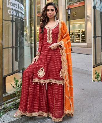 Red viscose simmar straight kurta pant suit with heavy golden zari embroidery and sequin work - Full Stitched free size 1