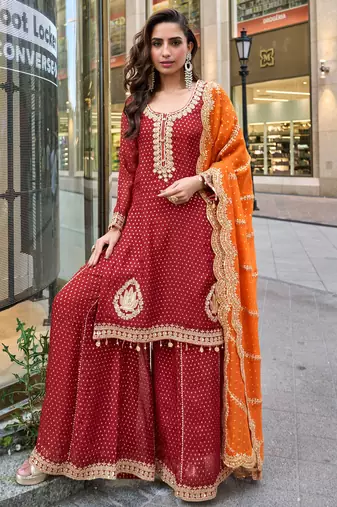 Red viscose simmar straight kurta pant suit with heavy golden zari embroidery and sequin work - Full Stitched free size