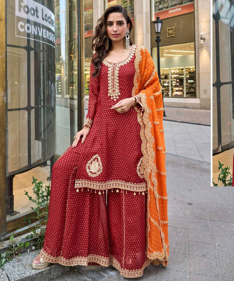 Red viscose simmar straight kurta pant suit with heavy golden zari embroidery and sequin work - Full Stitched free size