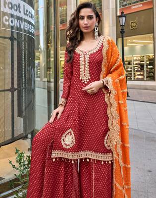 Red viscose simmar straight kurta pant suit with heavy golden zari embroidery and sequin work - Full Stitched free size 2