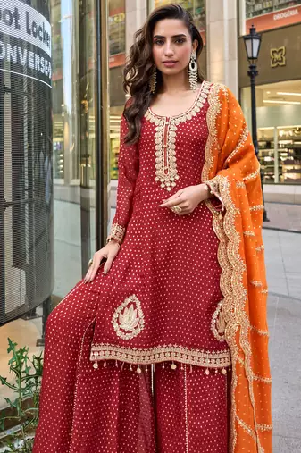 Red viscose simmar straight kurta pant suit with heavy golden zari embroidery and sequin work - Full Stitched free size