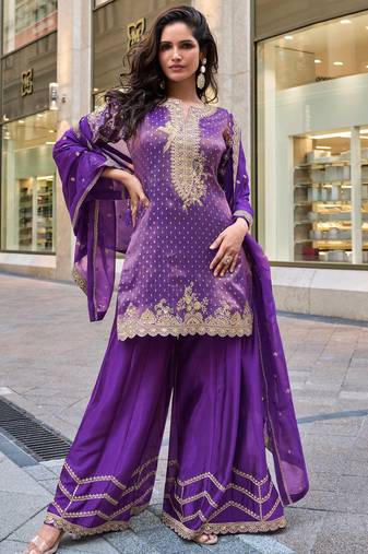lavender viscose simmar straight kurta pant suit with heavy golden zari embroidery and sequin work 42")