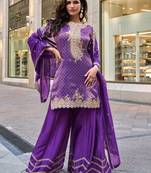 lavender viscose simmar straight kurta pant suit with heavy golden zari embroidery and sequin work 42")