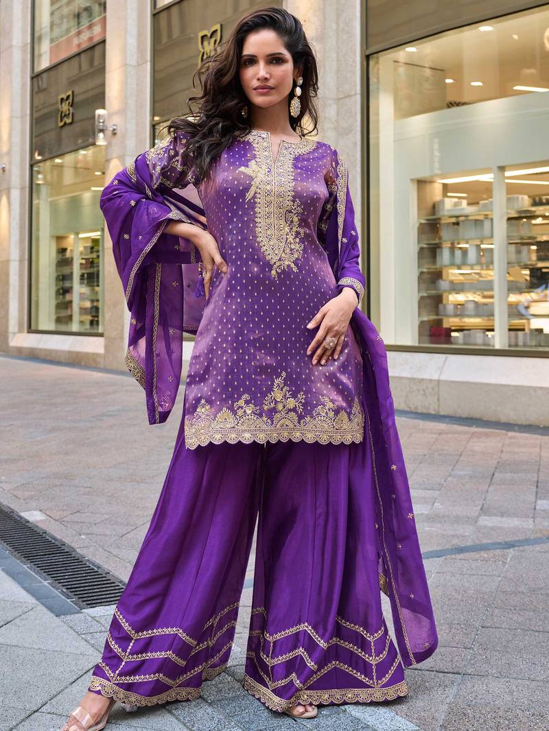 lavender viscose simmar straight kurta pant suit with heavy golden zari embroidery and sequin work 42")