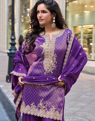 lavender viscose simmar straight kurta pant suit with heavy golden zari embroidery and sequin work 42") 2