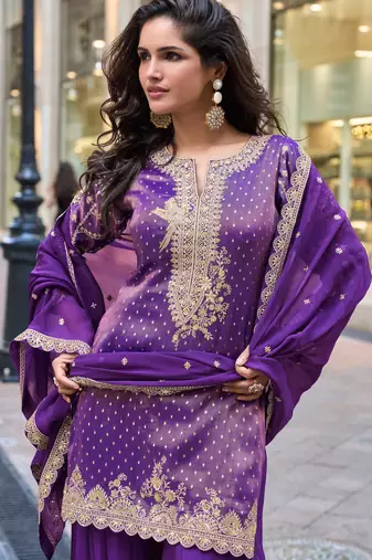 lavender viscose simmar straight kurta pant suit with heavy golden zari embroidery and sequin work 42")