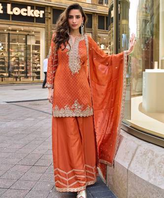Orange viscose simmar straight kurta pant suit with heavy golden zari embroidery and sequin work Full Stitched free size 1
