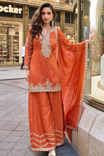 Orange viscose simmar straight kurta pant suit with heavy golden zari embroidery and sequin work Full Stitched free size