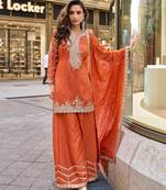 Orange viscose simmar straight kurta pant suit with heavy golden zari embroidery and sequin work Full Stitched free size