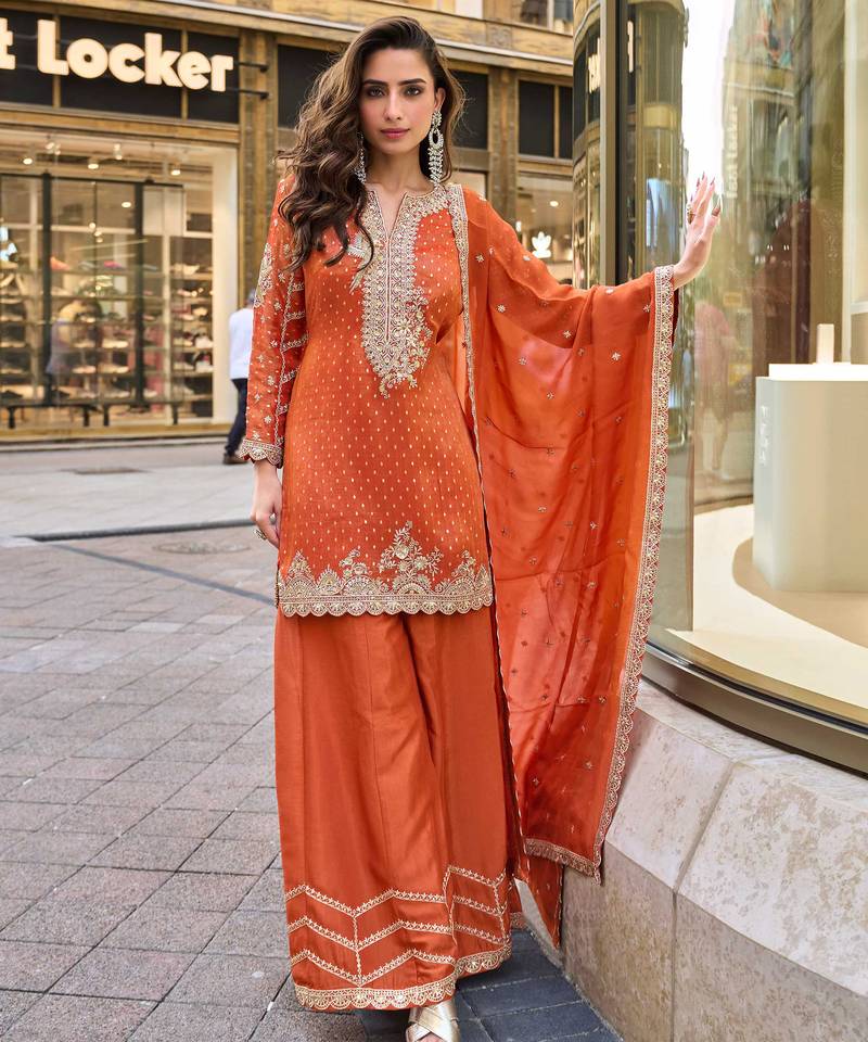 Orange viscose simmar straight kurta pant suit with heavy golden zari embroidery and sequin work Full Stitched free size