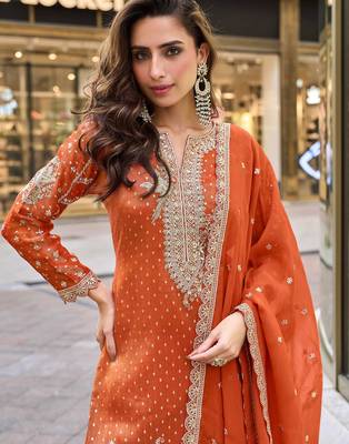 Orange viscose simmar straight kurta pant suit with heavy golden zari embroidery and sequin work Full Stitched free size 2