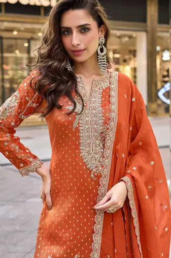 Orange viscose simmar straight kurta pant suit with heavy golden zari embroidery and sequin work Full Stitched free size