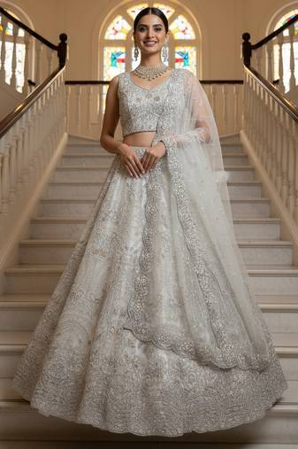 white thread embroidered net lehenga set choli with dupatta