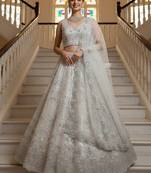 white thread embroidered net lehenga set choli with dupatta