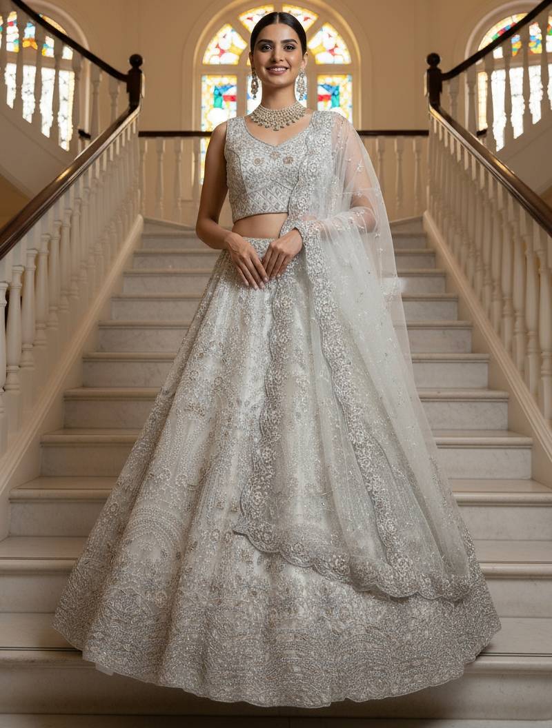 white thread embroidered net lehenga set choli with dupatta