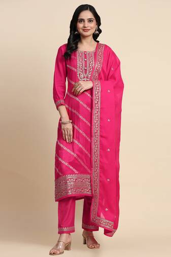 Pink Jaquard Silk Embroidery Sequence Work Kurta Pant with Dupatta