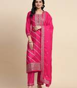 Pink Jaquard Silk Embroidery Sequence Work Kurta Pant with Dupatta
