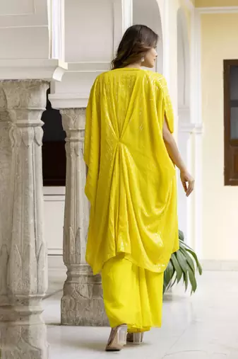 Trendmalls Yellow Georgette Embroidery Crop Top With Palazzo And Shrug Set Ethnic Salwar Suit
