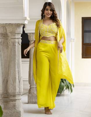 Trendmalls Yellow Georgette Embroidery Crop Top With Palazzo And Shrug Set Ethnic Salwar Suit 3