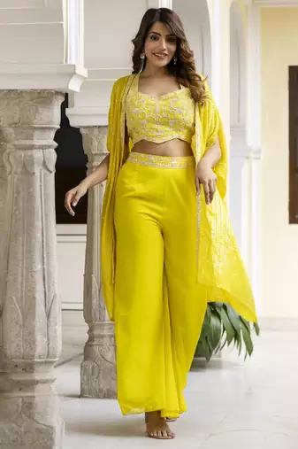 Trendmalls Yellow Georgette Embroidery Crop Top With Palazzo And Shrug Set Ethnic Salwar Suit