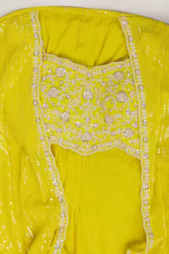 Trendmalls Yellow Georgette Embroidery Crop Top With Palazzo And Shrug Set Ethnic Salwar Suit