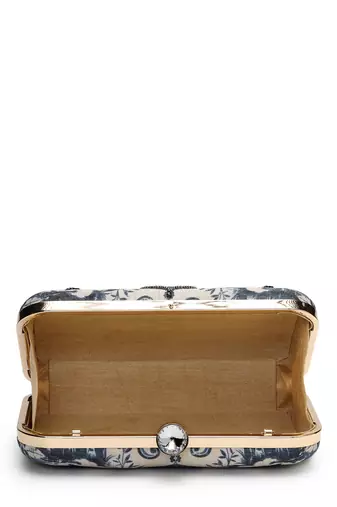 glided gleam beige & navy faux silk palace embroidered clutch
