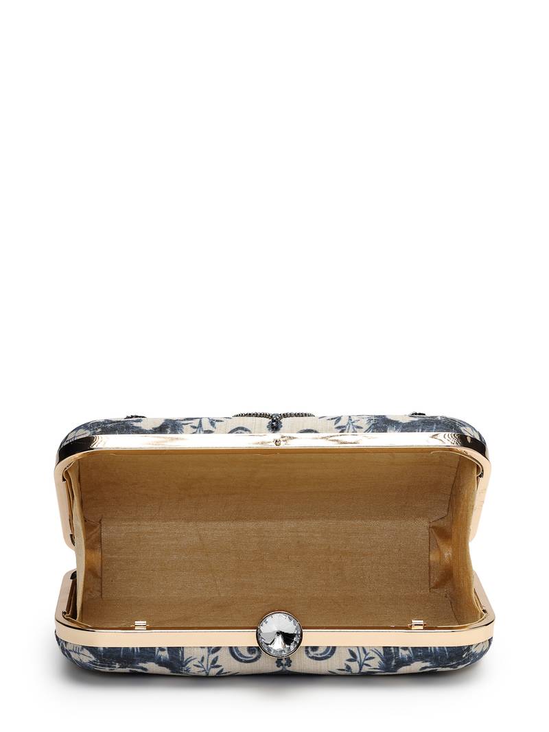 glided gleam beige & navy faux silk palace embroidered clutch