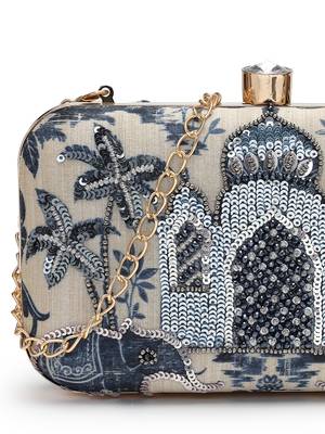 glided gleam beige & navy faux silk palace embroidered clutch 8
