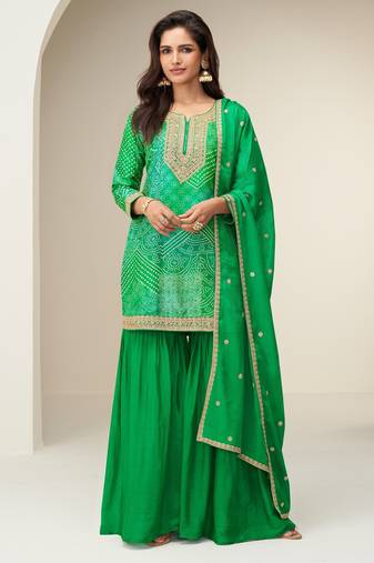Women green heavy chinon with digital print & embroidery codding sequence work