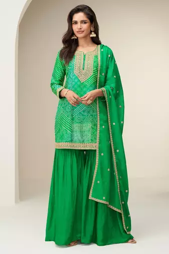 Women green heavy chinon with digital print & embroidery codding sequence work