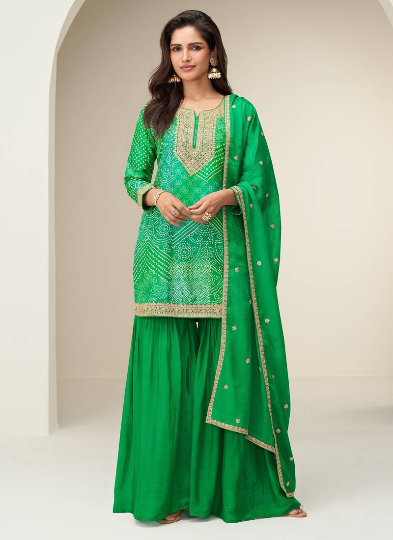 Women green heavy chinon with digital print & embroidery codding sequence work