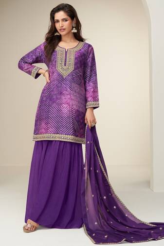 Women violet heavy chinon with digital print & embroidery codding sequence work