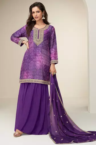 Women violet heavy chinon with digital print & embroidery codding sequence work