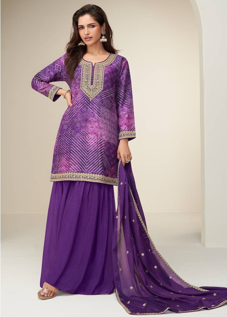 Women violet heavy chinon with digital print & embroidery codding sequence work