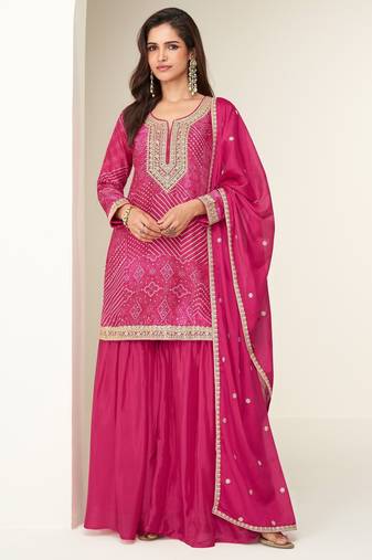 Women pink heavy chinon with digital print & embroidery codding sequence work