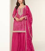 Women pink heavy chinon with digital print & embroidery codding sequence work