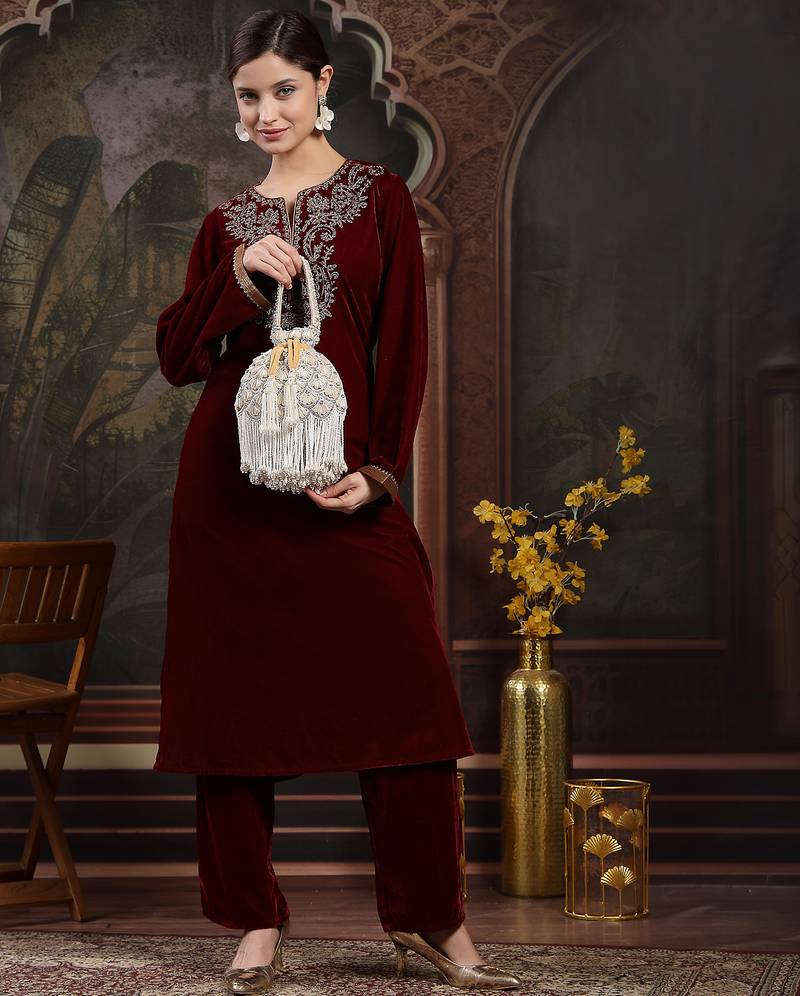 opal thread mustard yellow & pearl velvet embroidered potli