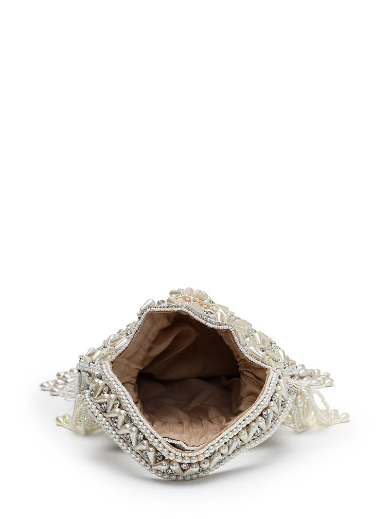 opal thread pearl & silver faux silk scallop beaded clutch