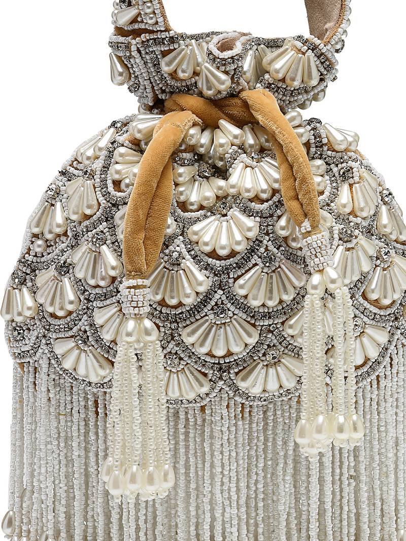 opal thread pearl & silver faux silk scallop beaded clutch