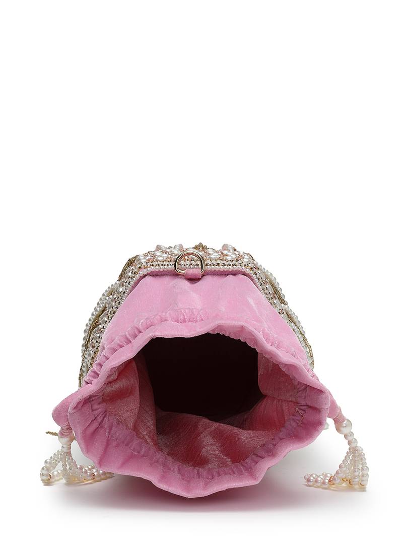 dewdrop fringe baby pink & ivory velvet beaded potli