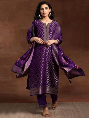 Purple Jaquard Silk Embroidery Stone Work Kurta Pant with Dupatta 1