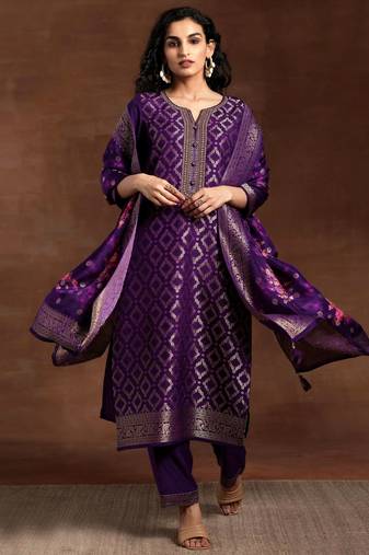 Purple Jaquard Silk Embroidery Stone Work Kurta Pant with Dupatta