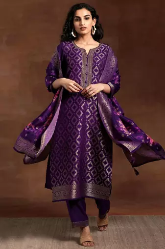Purple Jaquard Silk Embroidery Stone Work Kurta Pant with Dupatta