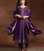 Purple Jaquard Silk Embroidery Stone Work Kurta Pant with Dupatta