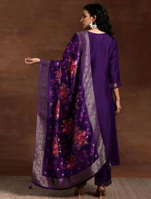 Purple Jaquard Silk Embroidery Stone Work Kurta Pant with Dupatta 2
